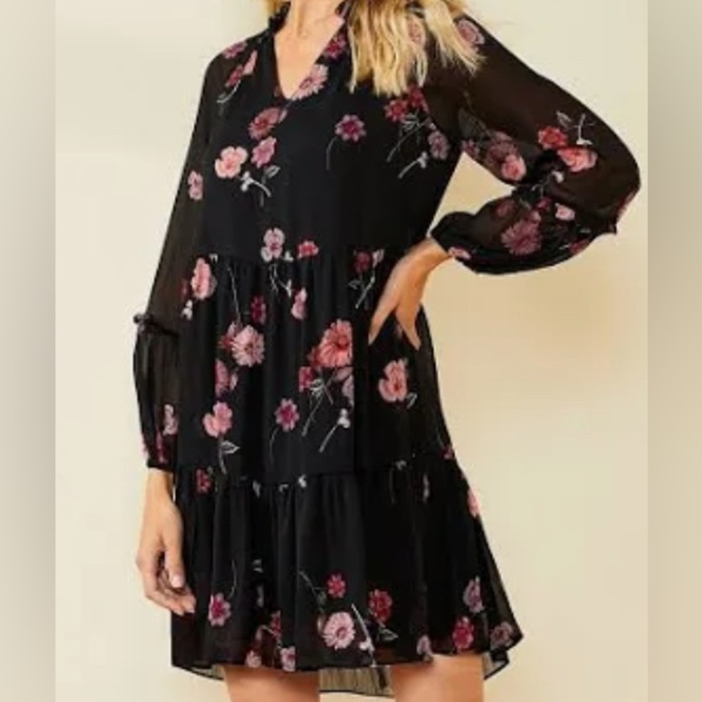CeCe Black and Pink Ruffled Tiered Babydoll Dress with Sheer Bishop Sleeves